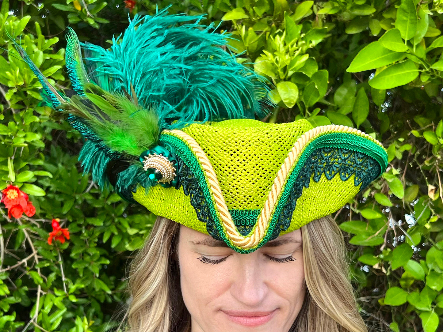 Bicorn Hat 22.5" Green Straw Base with Emerald Green Trim, Feathers, and Brooch