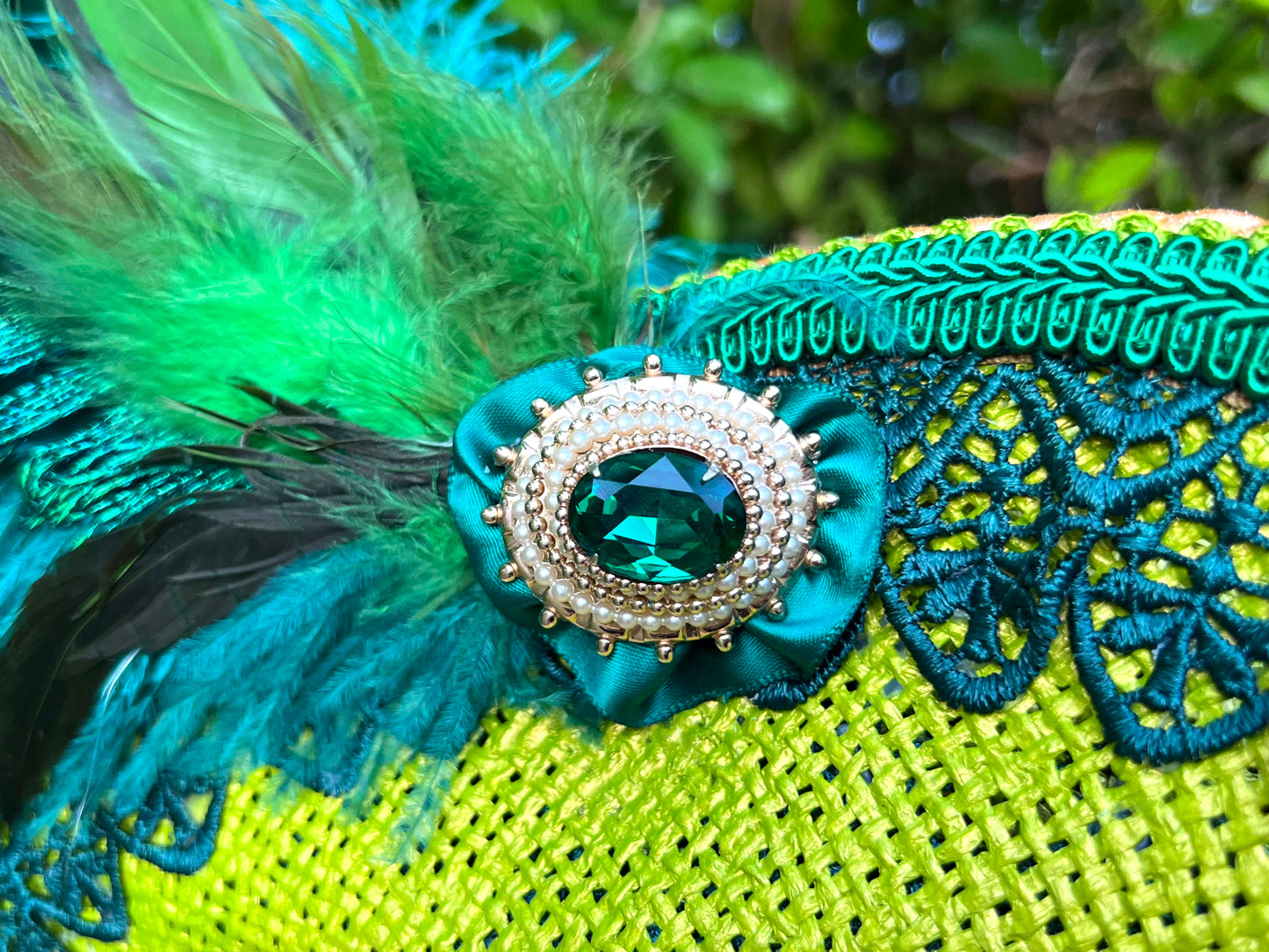 Bicorn Hat 22.5" Green Straw Base with Emerald Green Trim, Feathers, and Brooch