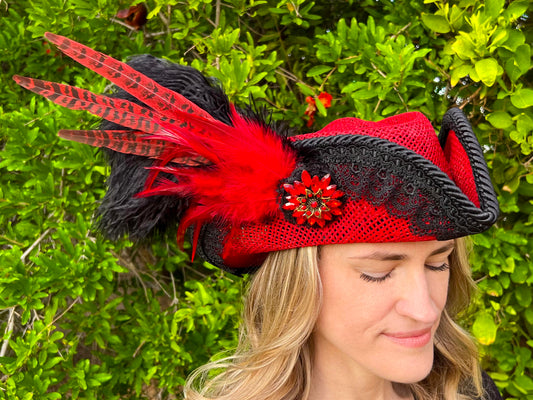 Bicorn Hat 22.5" Red Straw Base with Black Trim, Feathers, and Rhinestone Brooch