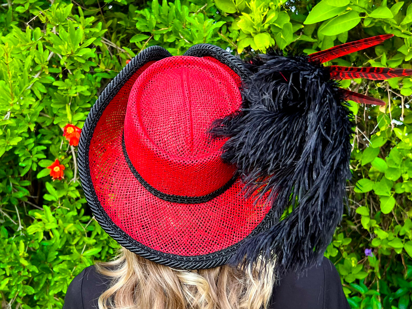 Bicorn Hat 22.5" Red Straw Base with Black Trim, Feathers, and Rhinestone Brooch