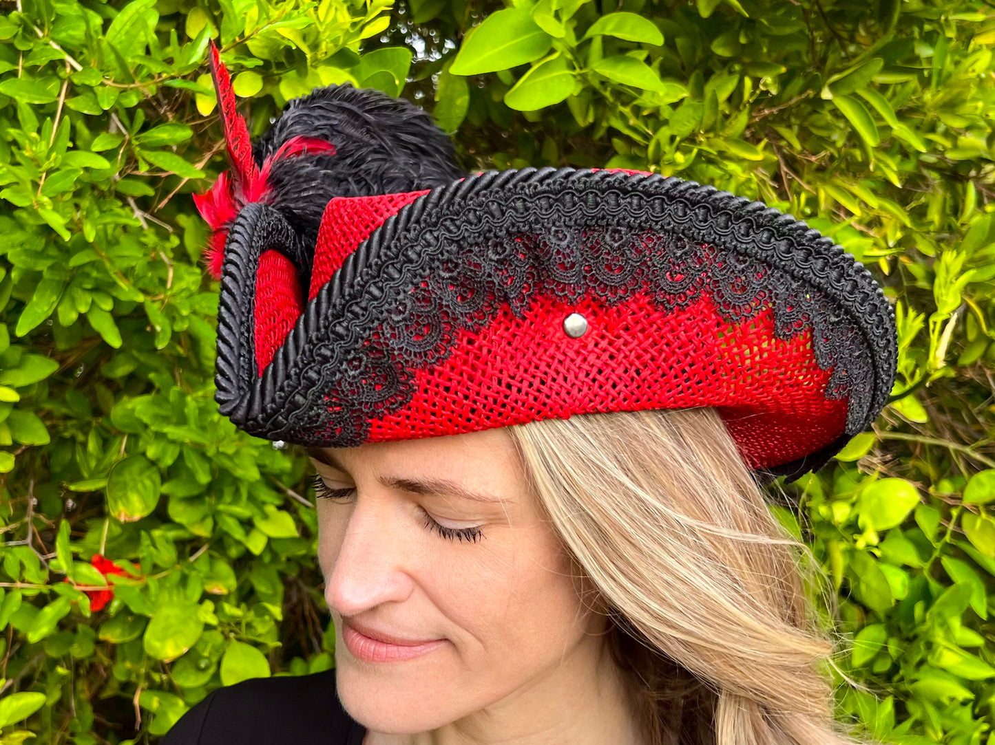Bicorn Hat 22.5" Red Straw Base with Black Trim, Feathers, and Rhinestone Brooch