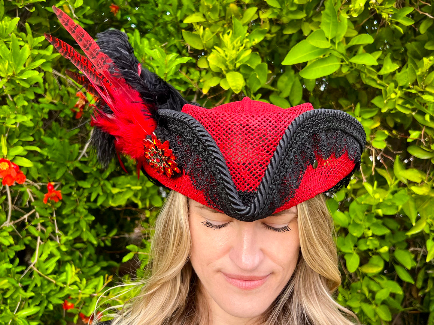 Bicorn Hat 22.5" Red Straw Base with Black Trim, Feathers, and Rhinestone Brooch
