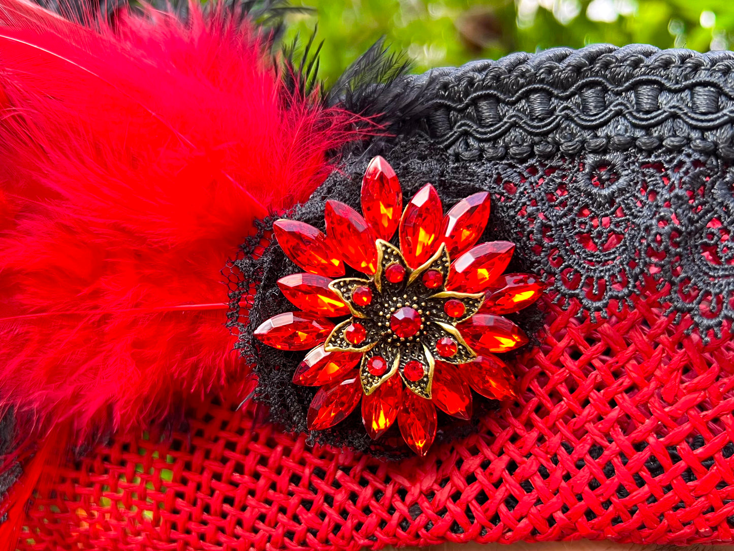 Bicorn Hat 22.5" Red Straw Base with Black Trim, Feathers, and Rhinestone Brooch