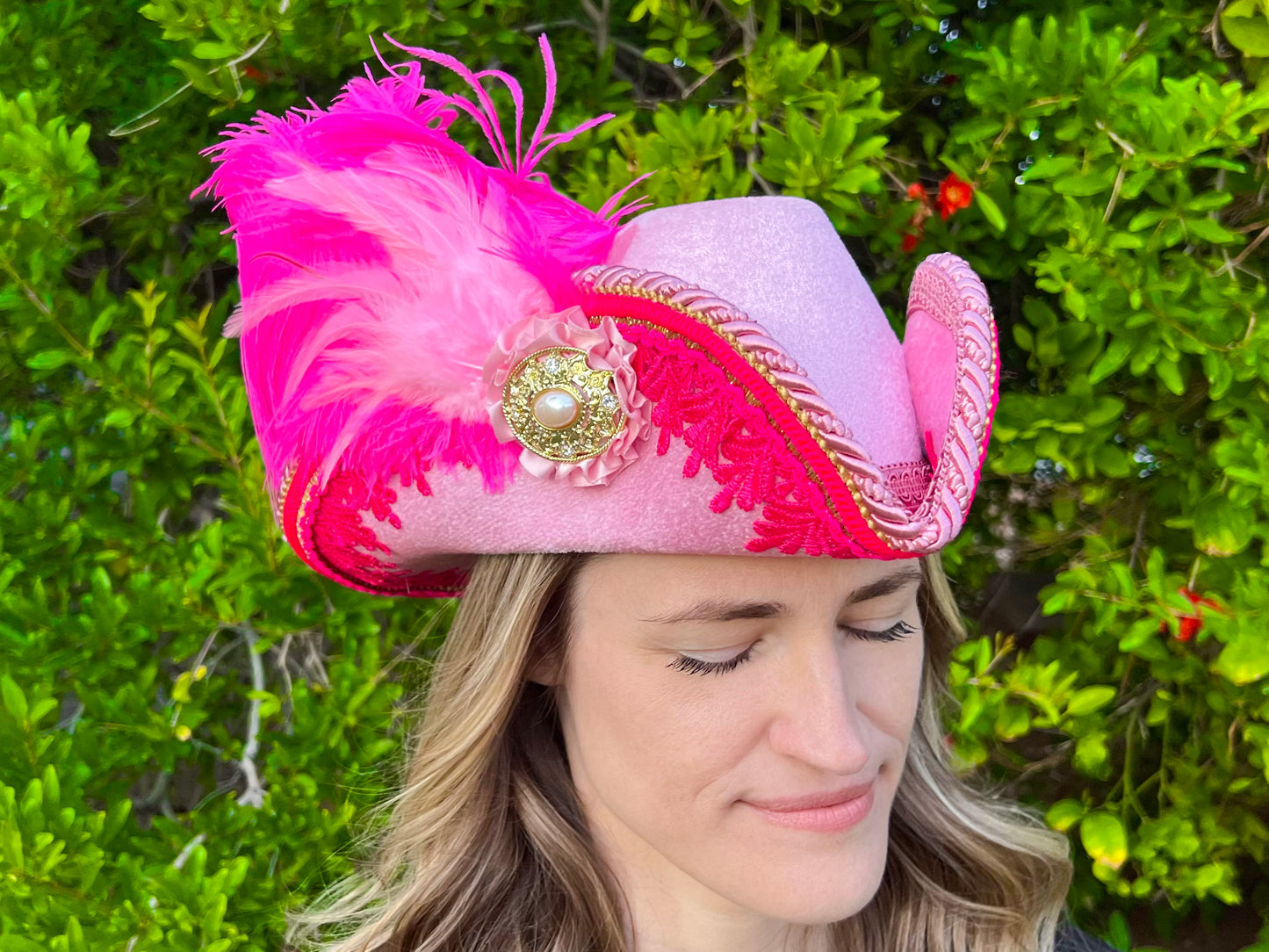 Bicorn Hat 22" Pink Velvet Polyester Base with Pink Trim, Feathers, and Brooch
