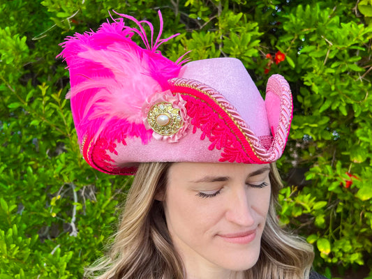 Bicorn Hat 22" Pink Velvet Polyester Base with Pink Trim, Feathers, and Brooch