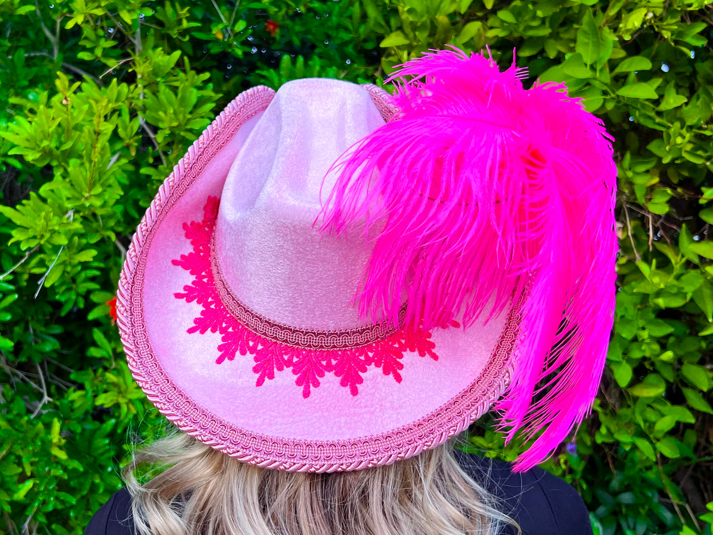 Bicorn Hat 22" Pink Velvet Polyester Base with Pink Trim, Feathers, and Brooch
