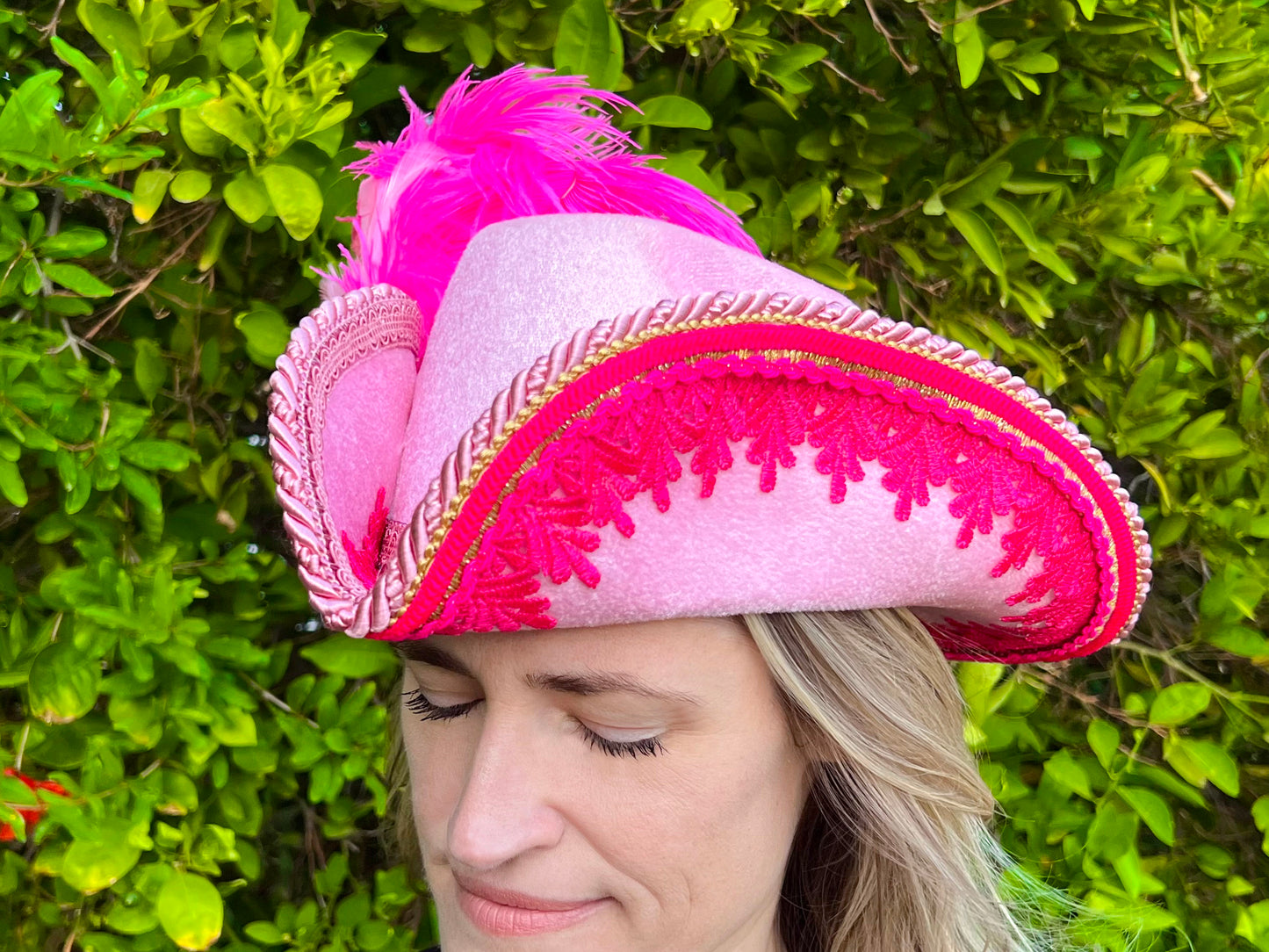 Bicorn Hat 22" Pink Velvet Polyester Base with Pink Trim, Feathers, and Brooch