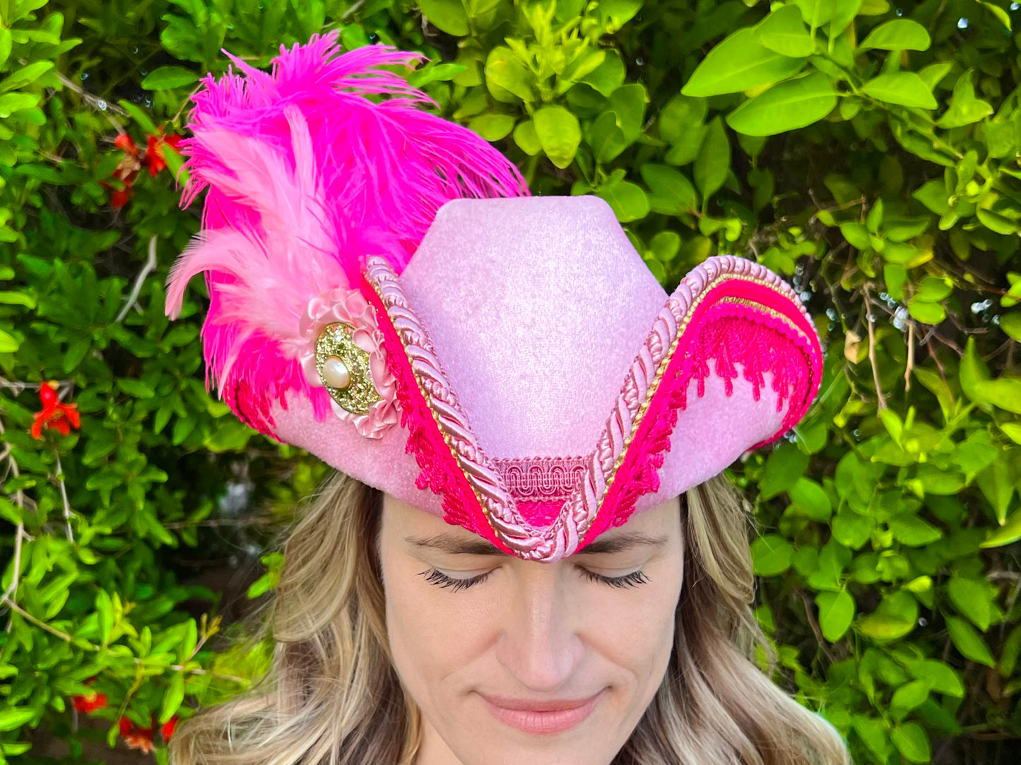 Bicorn Hat 22" Pink Velvet Polyester Base with Pink Trim, Feathers, and Brooch