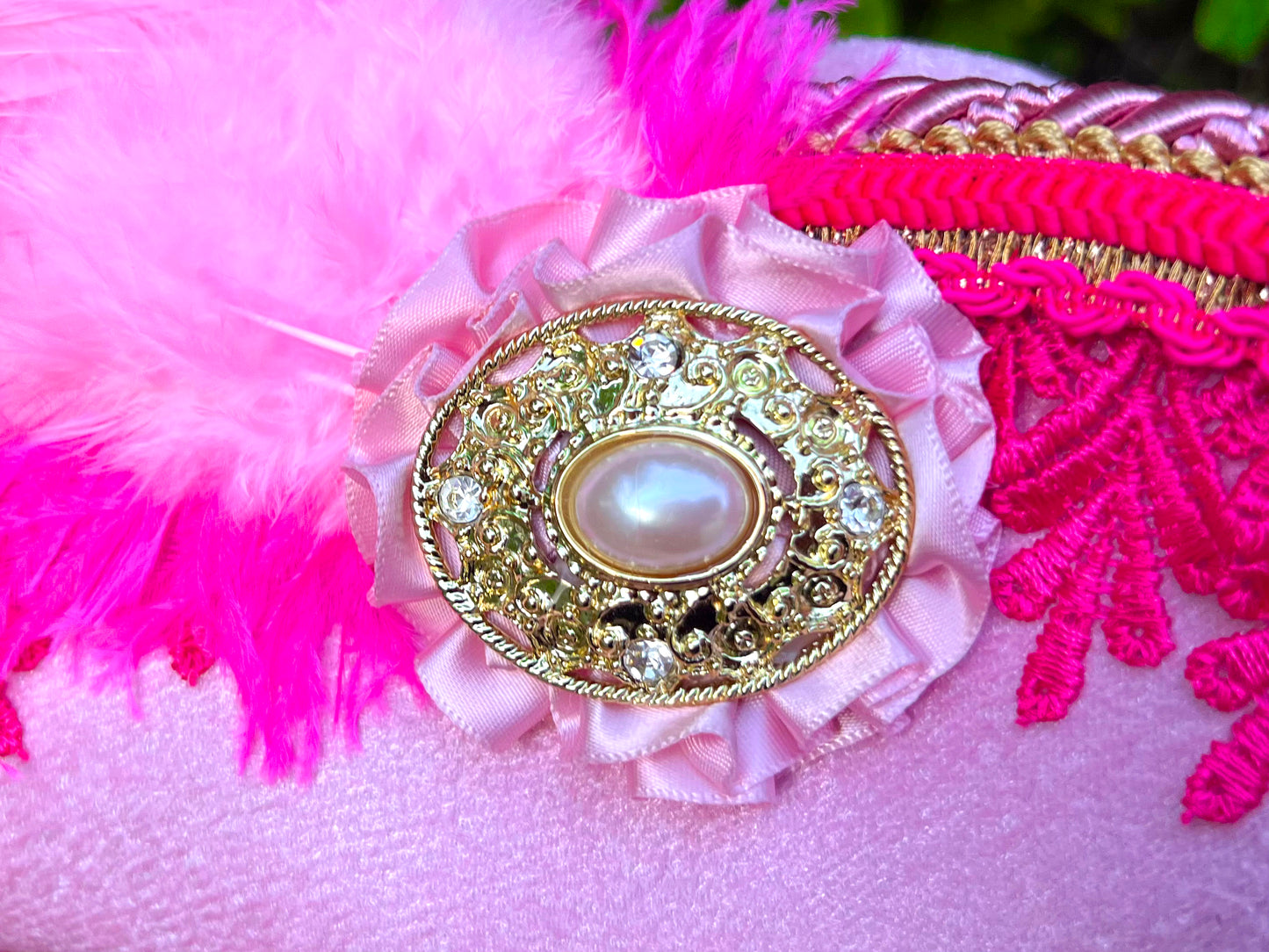 Bicorn Hat 22" Pink Velvet Polyester Base with Pink Trim, Feathers, and Brooch