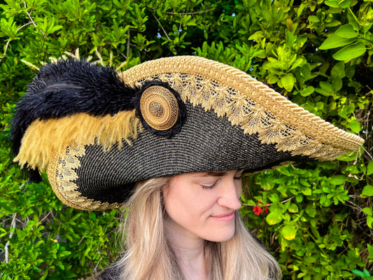 Cavalier Hat 22" Black/Gold Polyester Base with Gold Trim, Feathers, and Brooch