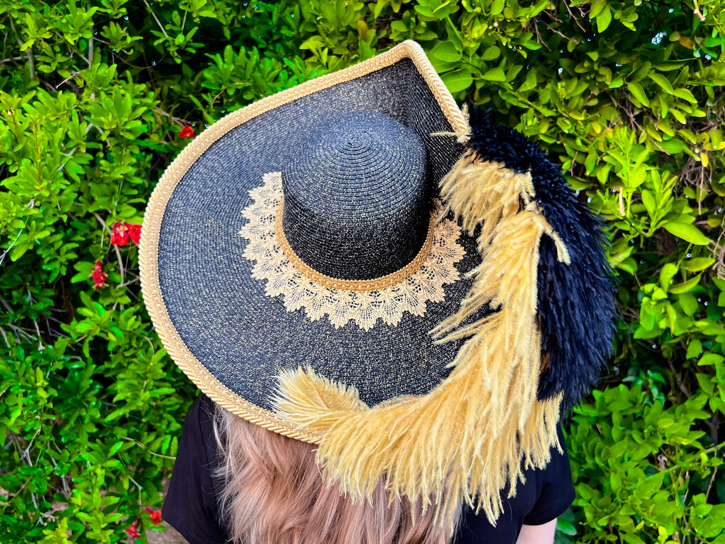 Cavalier Hat 22" Black/Gold Polyester Base with Gold Trim, Feathers, and Brooch
