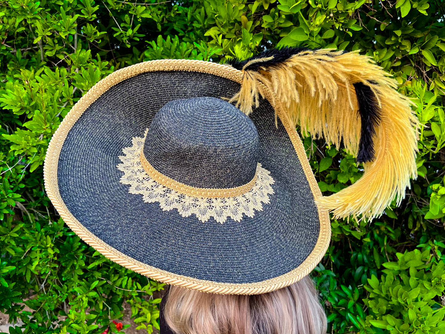 Cavalier Hat 22" Black/Gold Polyester Base with Gold Trim, Feathers, and Brooch