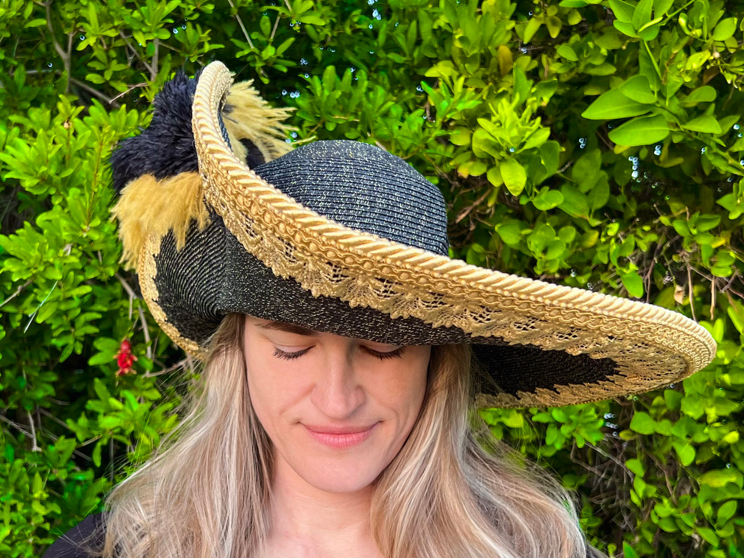 Cavalier Hat 22" Black/Gold Polyester Base with Gold Trim, Feathers, and Brooch