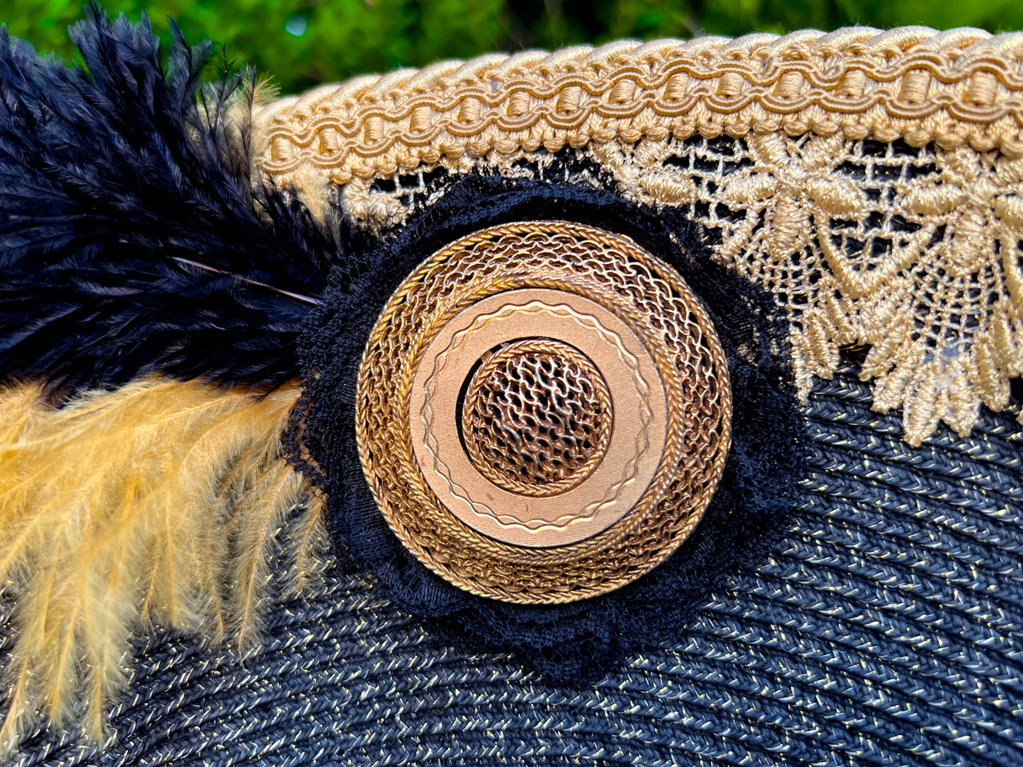 Cavalier Hat 22" Black/Gold Polyester Base with Gold Trim, Feathers, and Brooch