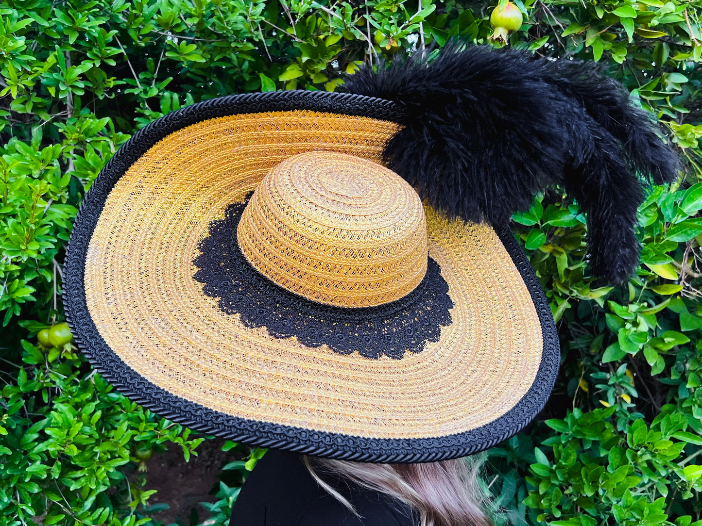 Cavalier Hat 21.75" Gold Polyester Base with Black Trim, Feathers, and Brooch