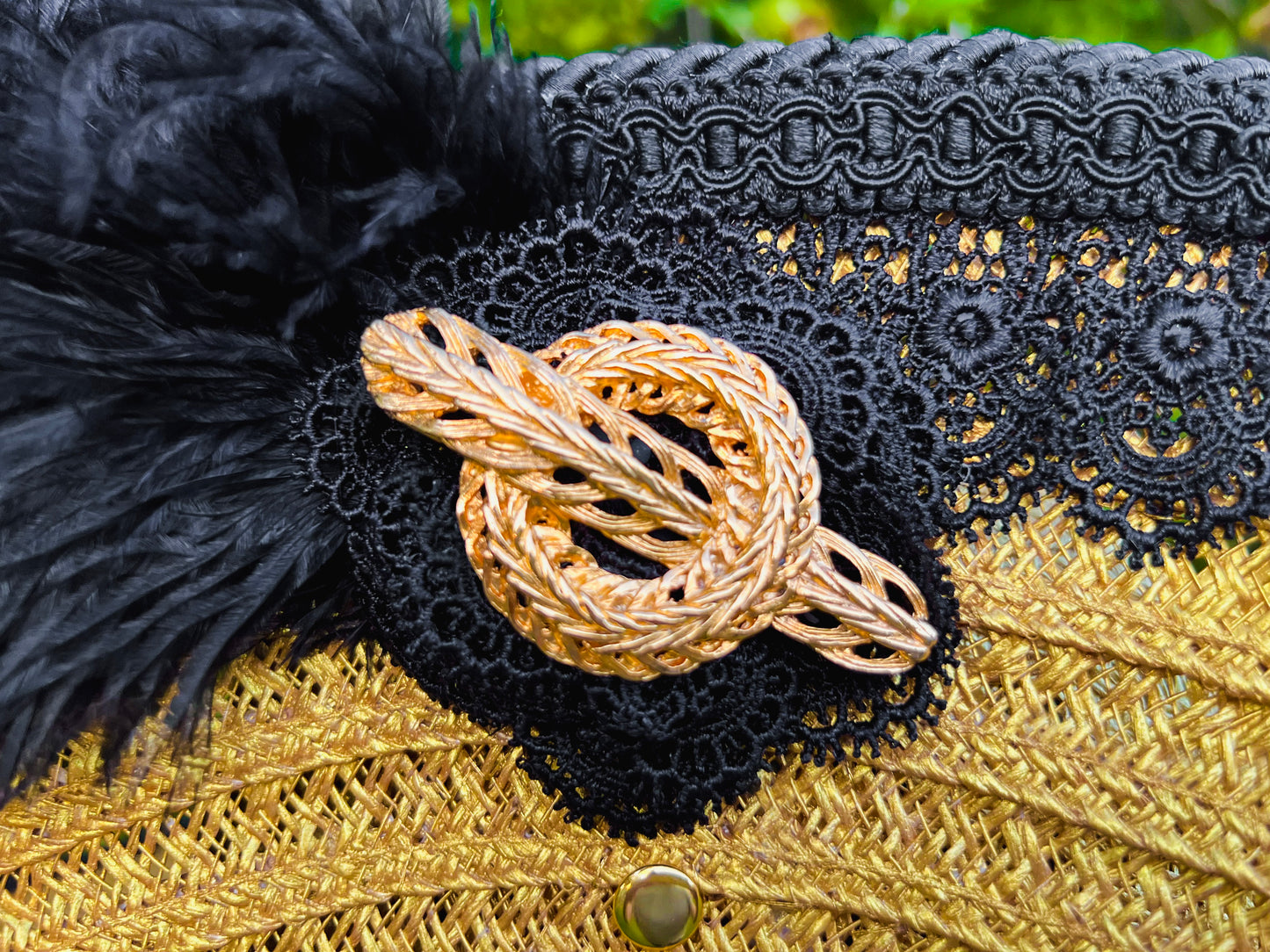 Cavalier Hat 21.75" Gold Polyester Base with Black Trim, Feathers, and Brooch