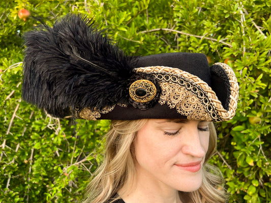 Bicorn Hat 22" Black Polyester Base with Gold Trim, Feathers, and Vintage Brooch