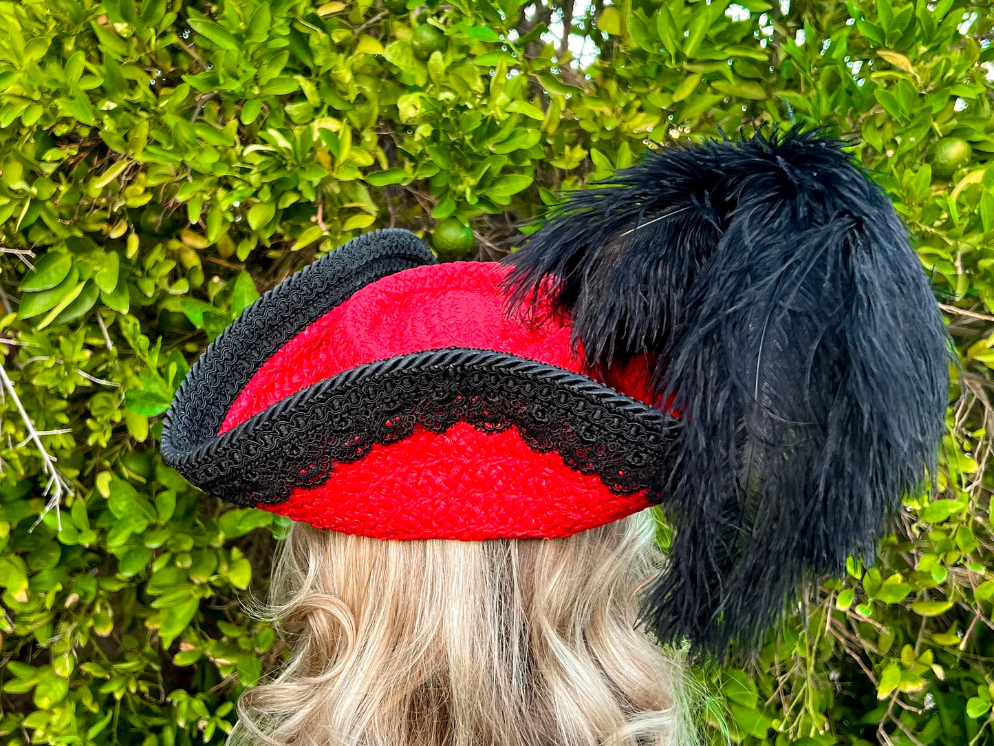 Tricorn Hat 22" Red Painted Straw Base with Black Trim, Feathers, and Silver Brooch
