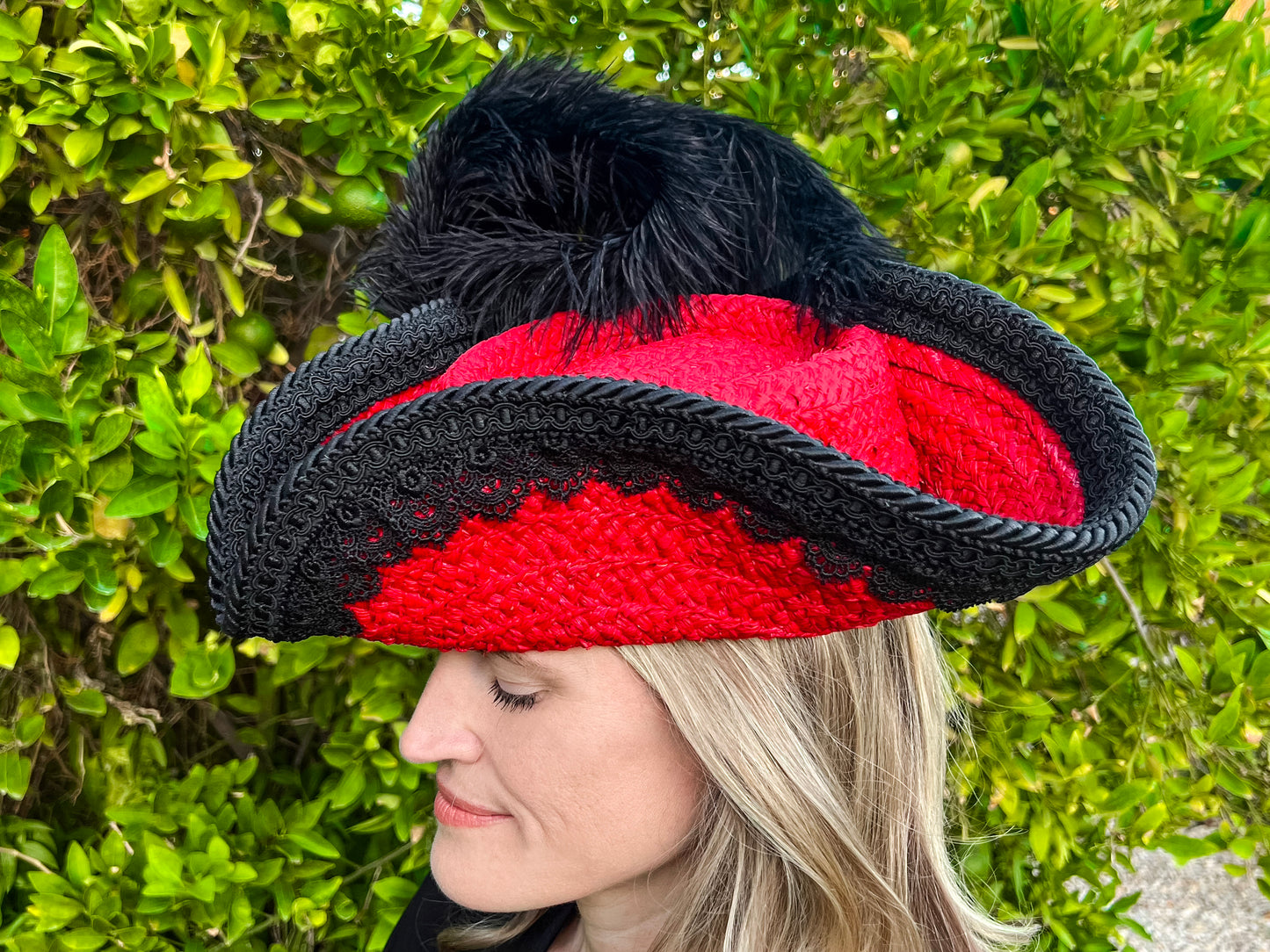 Tricorn Hat 22" Red Painted Straw Base with Black Trim, Feathers, and Silver Brooch