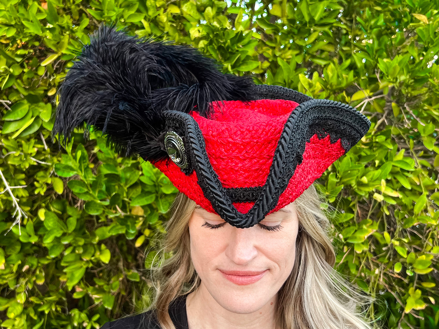 Tricorn Hat 22" Red Painted Straw Base with Black Trim, Feathers, and Silver Brooch