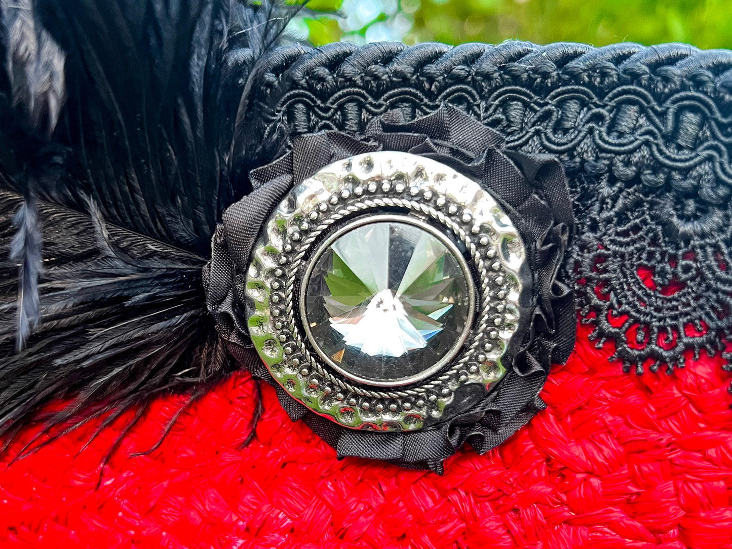 Tricorn Hat 22" Red Painted Straw Base with Black Trim, Feathers, and Silver Brooch