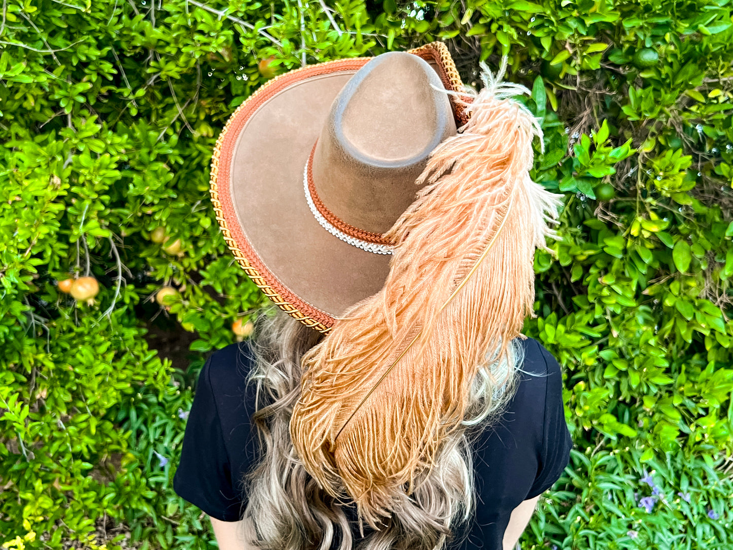 Cavalier Hat 22" Tan Suede Base with Rust Brown/White Trim, Feathers, and Brooch
