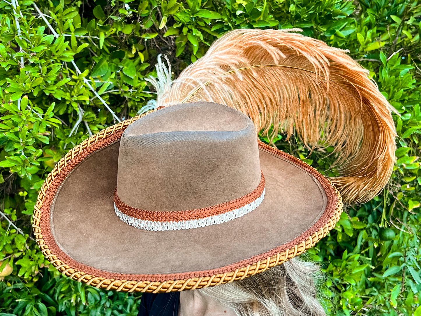 Cavalier Hat 22" Tan Suede Base with Rust Brown/White Trim, Feathers, and Brooch