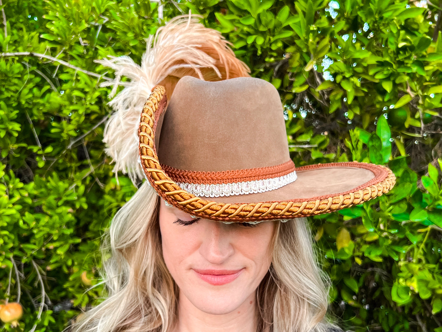 Cavalier Hat 22" Tan Suede Base with Rust Brown/White Trim, Feathers, and Brooch
