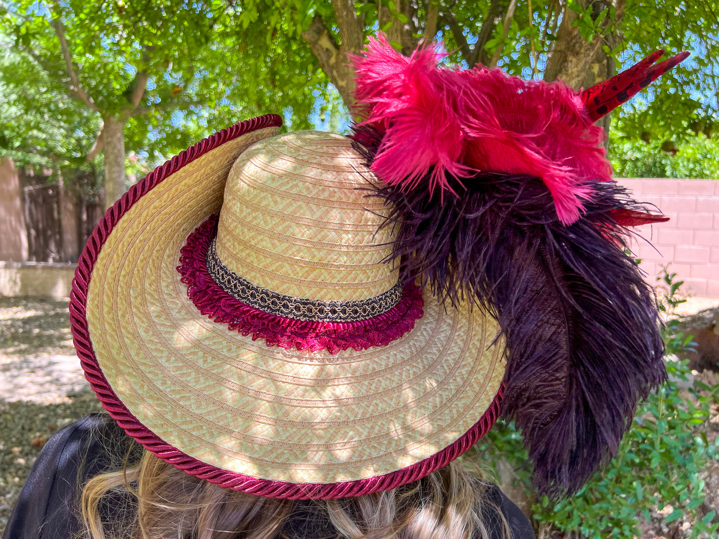 Bicorn Hat 23" Beige Straw Base with Maroon Trim, Feathers, and Gold Brooch