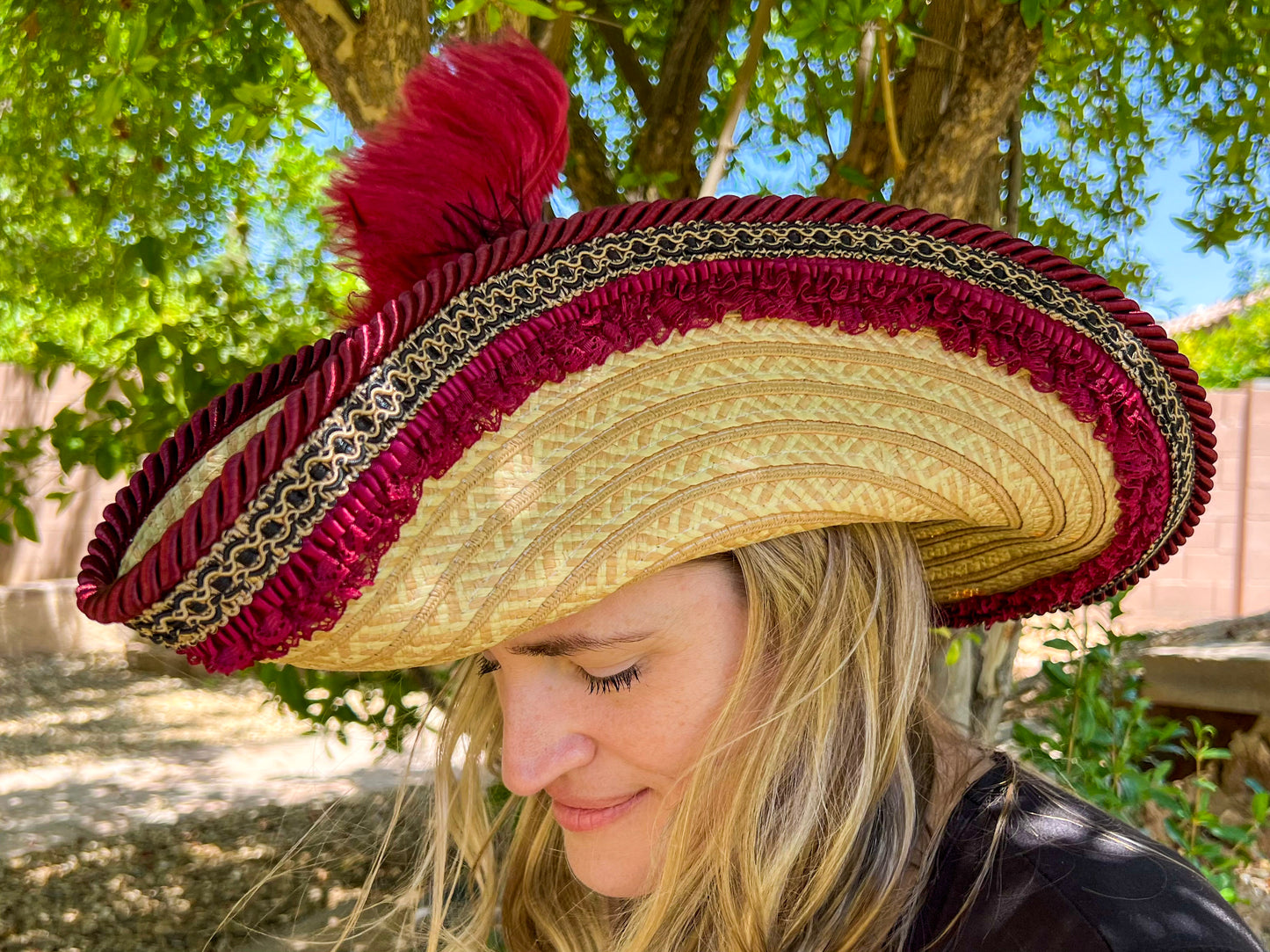 Bicorn Hat 23" Beige Straw Base with Maroon Trim, Feathers, and Gold Brooch
