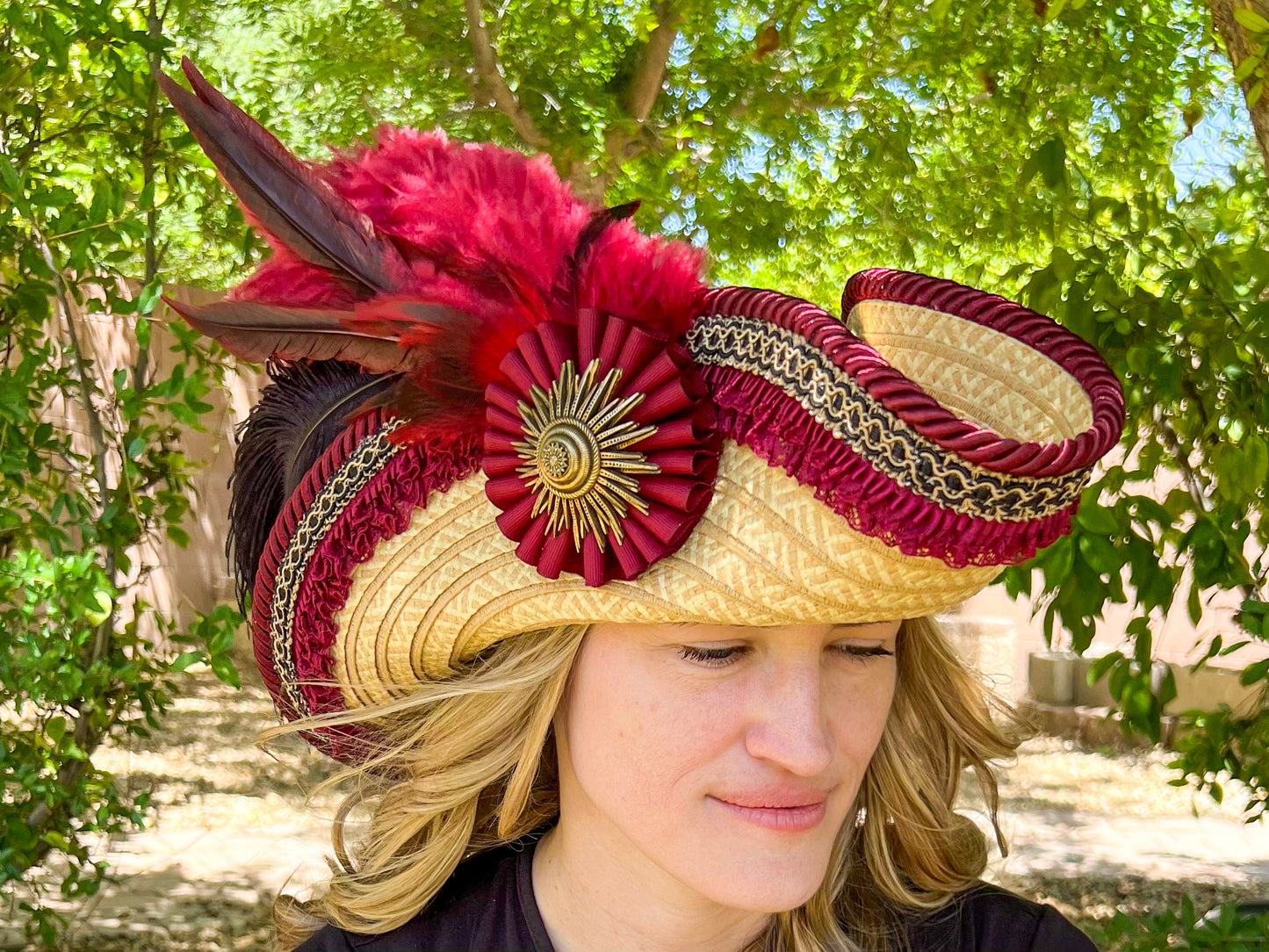 Bicorn Hat 23" Beige Straw Base with Maroon Trim, Feathers, and Gold Brooch
