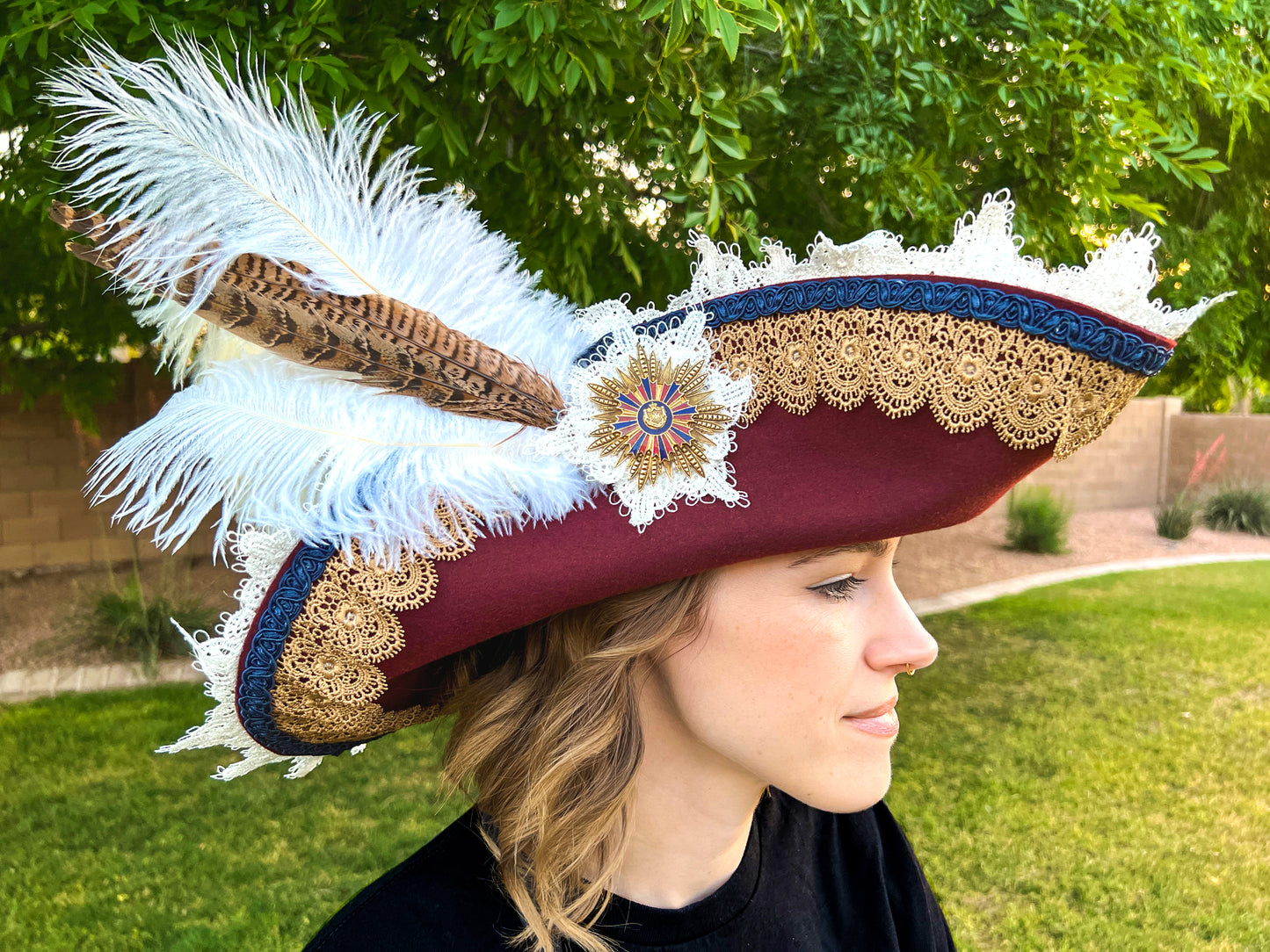 Bicorn Hat 23" Maroon Wool Base with Navy/Gold Trim, Feathers, and Military Brooch