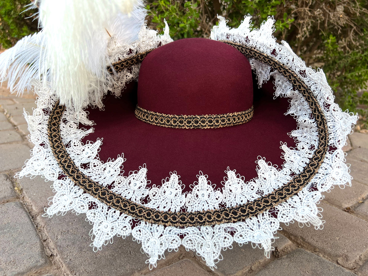 Bicorn Hat 23" Maroon Wool Base with Navy/Gold Trim, Feathers, and Military Brooch