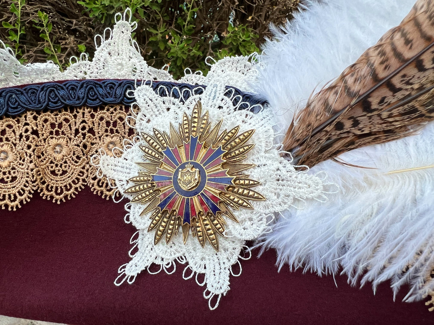 Bicorn Hat 23" Maroon Wool Base with Navy/Gold Trim, Feathers, and Military Brooch