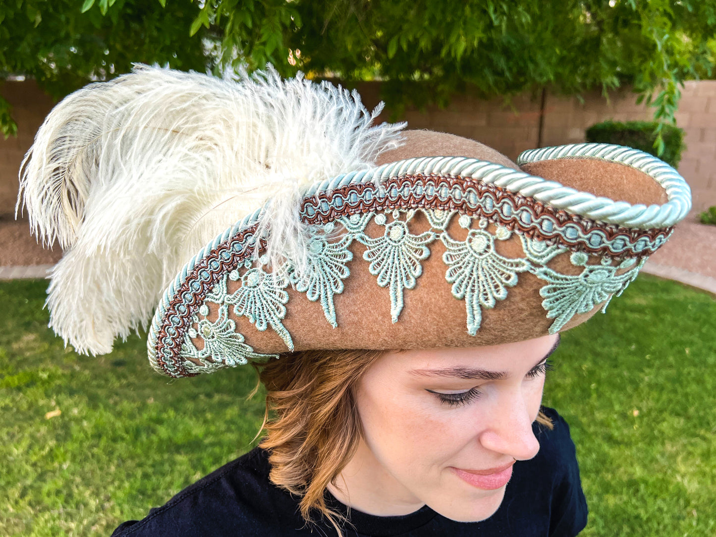 Bicorn Hat 23" Brown Wool Base with Mint Trim, and White Ostrich Feathers