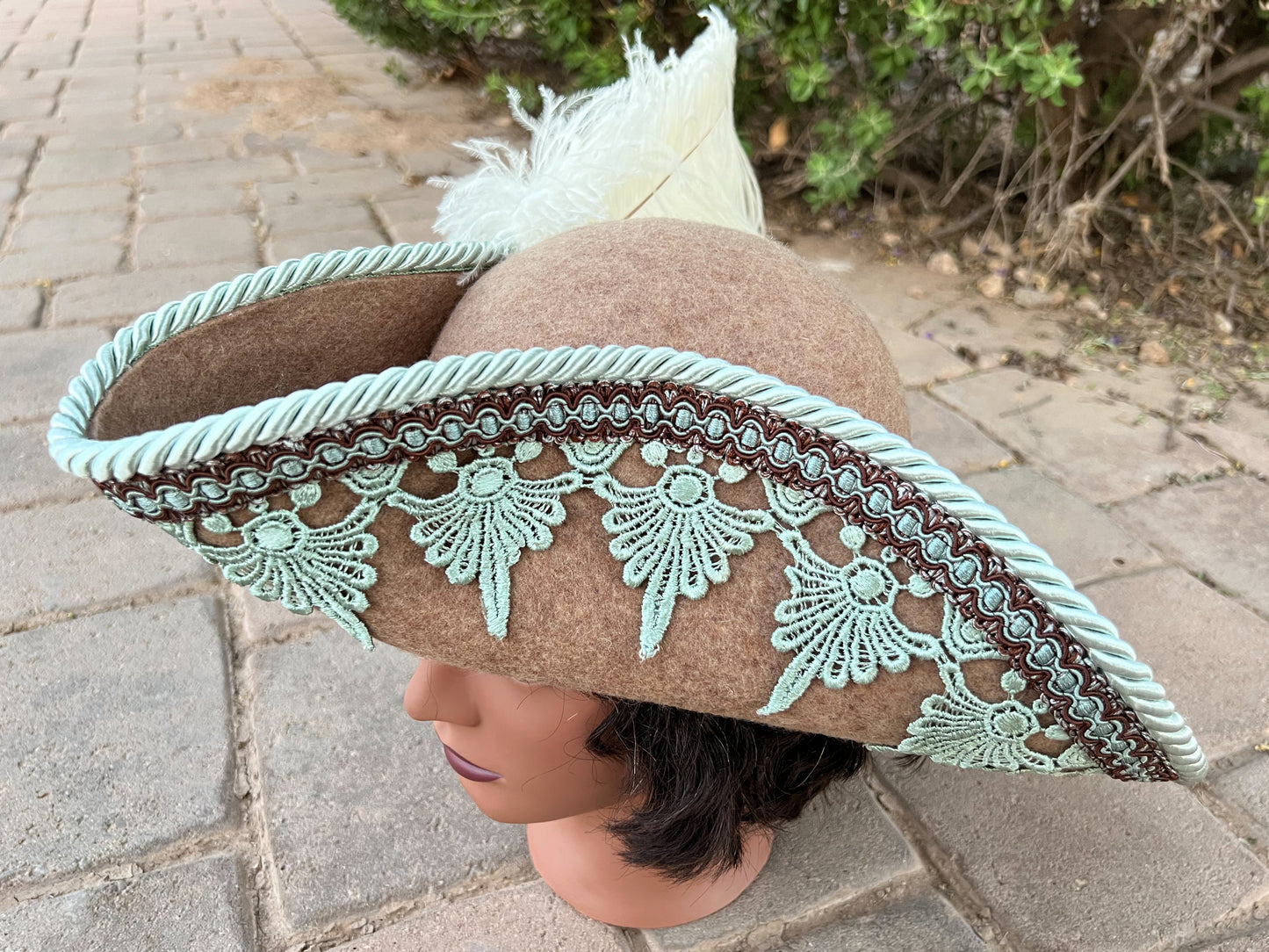 Bicorn Hat 23" Brown Wool Base with Mint Trim, and White Ostrich Feathers