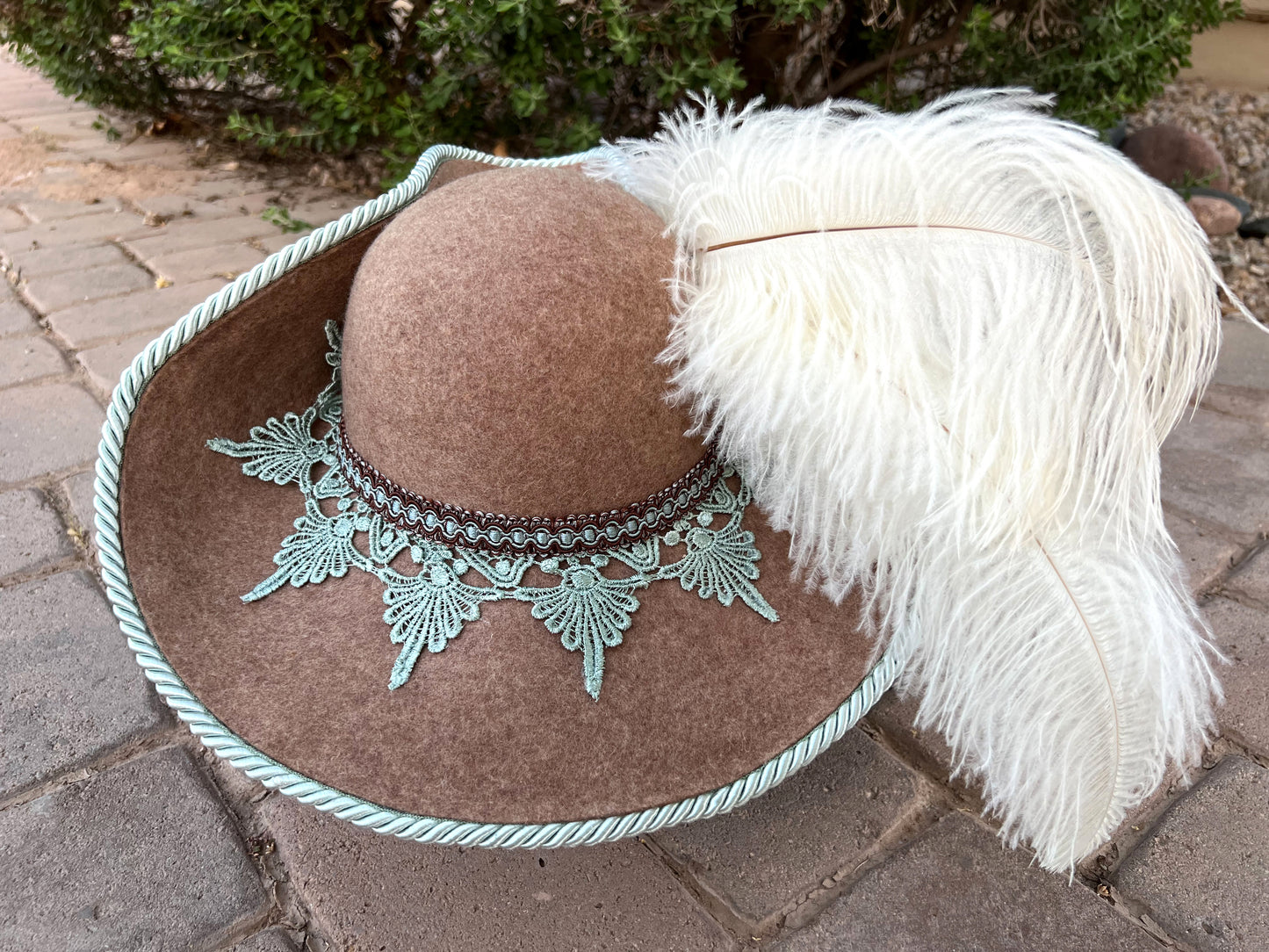 Bicorn Hat 23" Brown Wool Base with Mint Trim, and White Ostrich Feathers