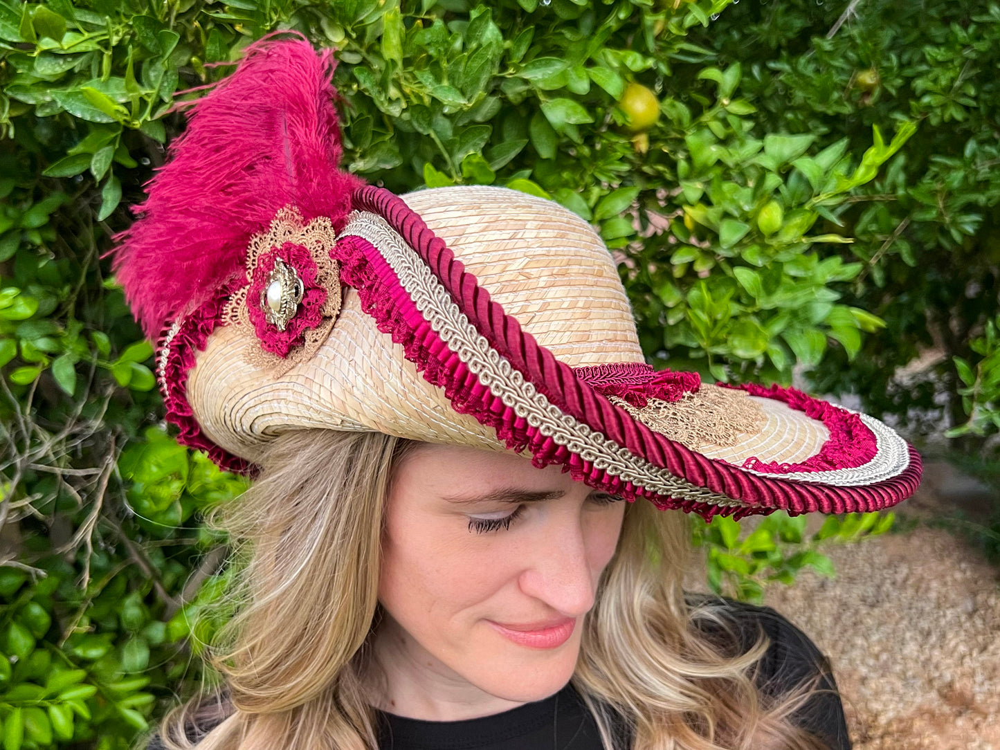 Cavalier Hat 22" Beige Straw Base with Maroon Trim, Feathers, and Pearl Brooch