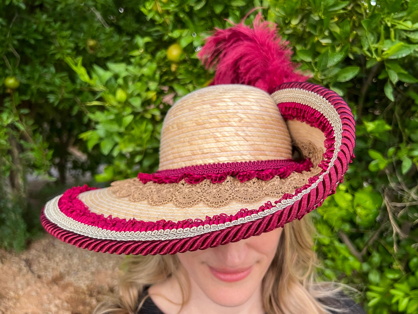 Cavalier Hat 22" Beige Straw Base with Maroon Trim, Feathers, and Pearl Brooch