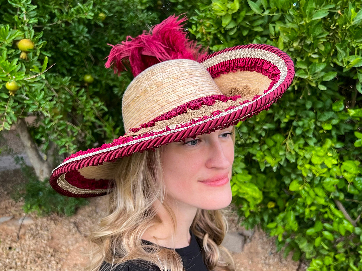 Cavalier Hat 22" Beige Straw Base with Maroon Trim, Feathers, and Pearl Brooch