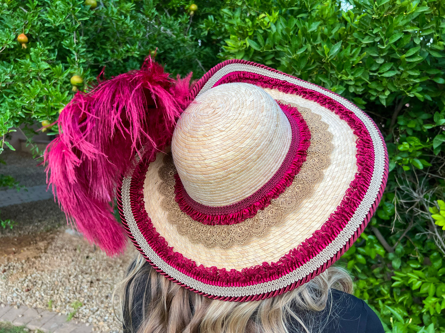 Cavalier Hat 22" Beige Straw Base with Maroon Trim, Feathers, and Pearl Brooch