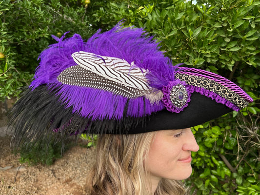 Tricorn Hat 22.5" Black Wool Base with Purple Trim, Feathers, and Silver Brooch