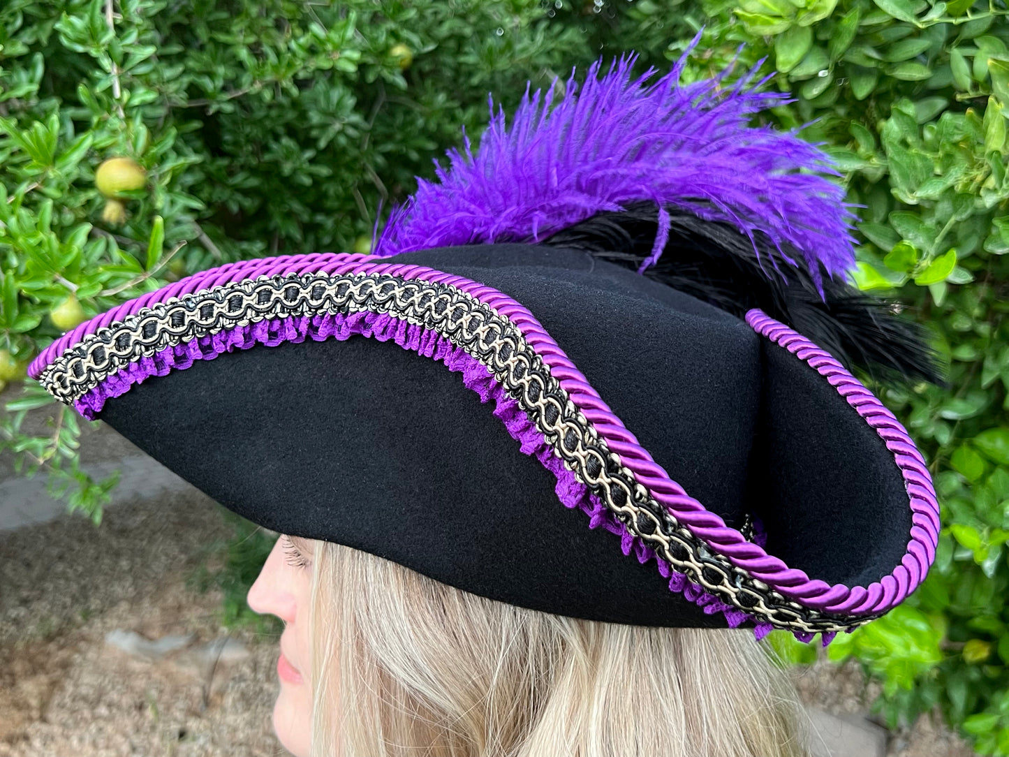 Tricorn Hat 22.5" Black Wool Base with Purple Trim, Feathers, and Silver Brooch