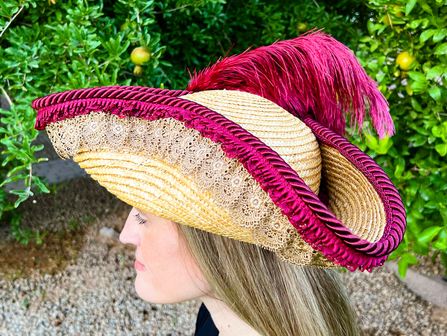 Tricorn Hat 21.75" Beige Straw Base with Maroon Trim, Feathers, and Pearl Brooch