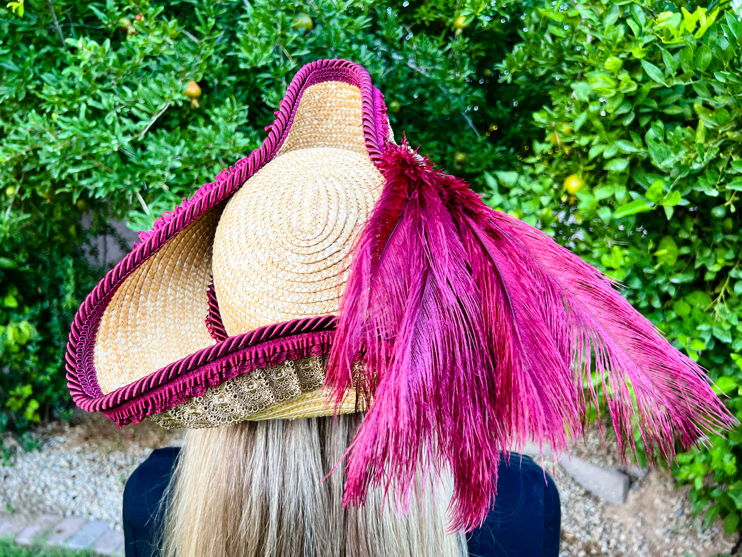 Tricorn Hat 21.75" Beige Straw Base with Maroon Trim, Feathers, and Pearl Brooch