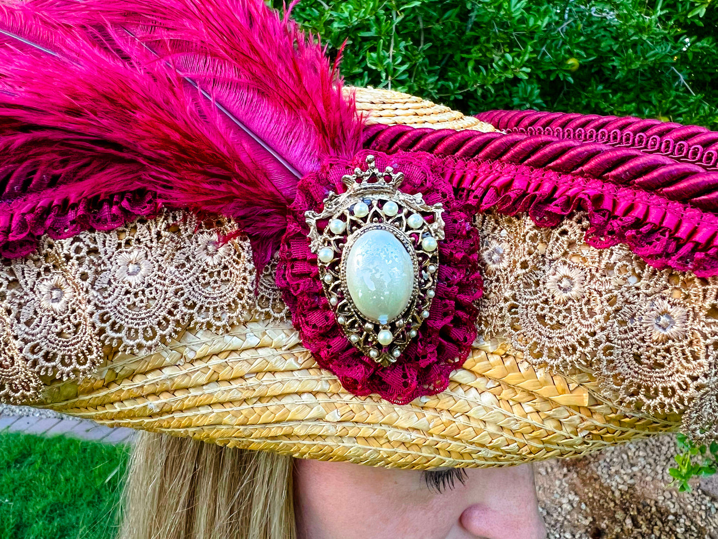 Tricorn Hat 21.75" Beige Straw Base with Maroon Trim, Feathers, and Pearl Brooch