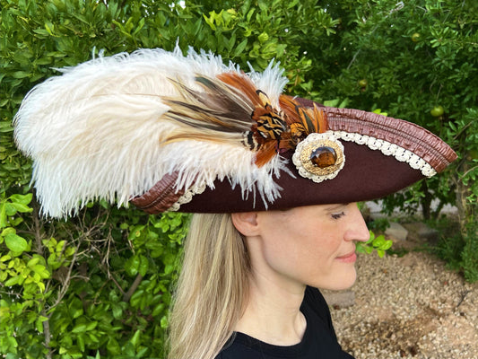Tricorn Hat 22.5" Brown Wool Base with Leather Trim, Feathers, and Gold Brooch