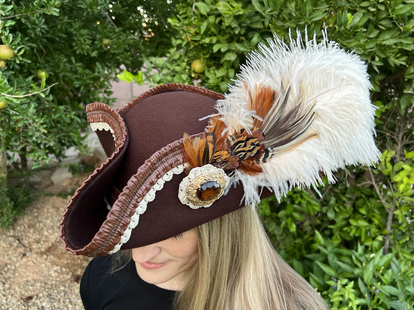 Tricorn Hat 22.5" Brown Wool Base with Leather Trim, Feathers, and Gold Brooch