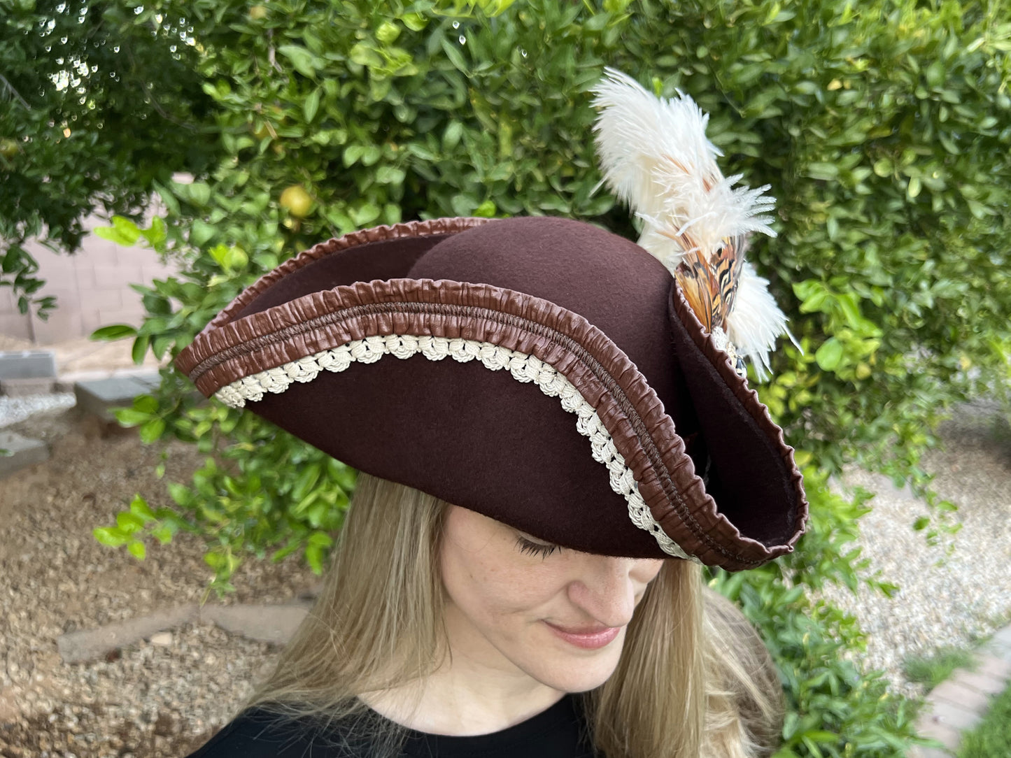 Tricorn Hat 22.5" Brown Wool Base with Leather Trim, Feathers, and Gold Brooch