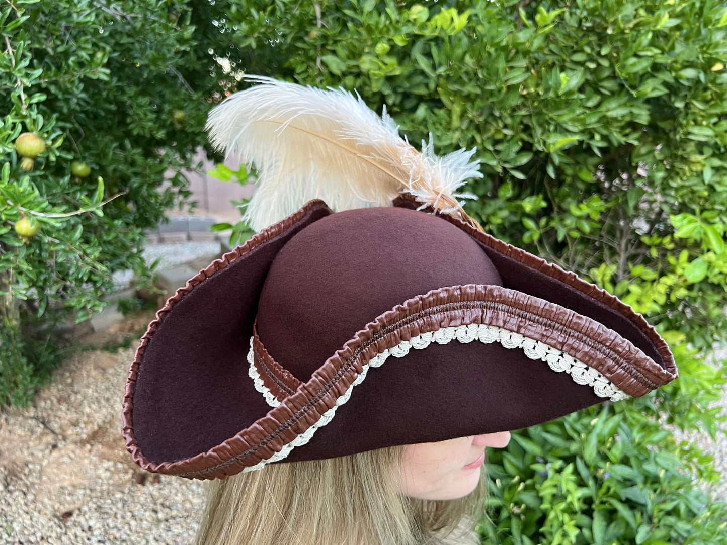 Tricorn Hat 22.5" Brown Wool Base with Leather Trim, Feathers, and Gold Brooch